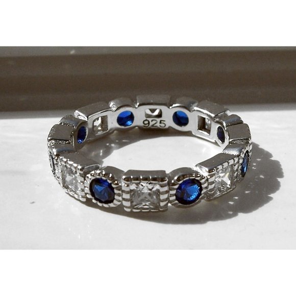 925 STERLING SILVER Blue Spinel & Clear CZ Bezel Set Eternity Band Ring - Picture 9 of 14